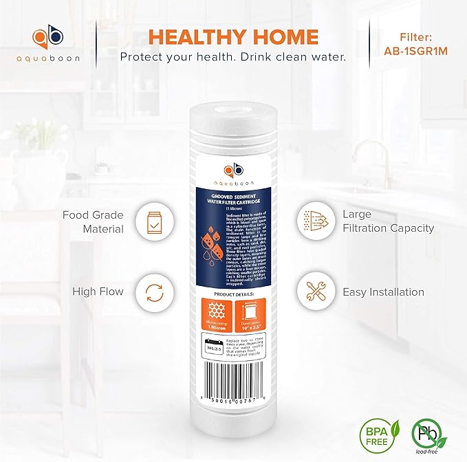 Aquaboon Whole House 1 Micron 10 x 2.5 PP Grooved Sediment Water Filter Cartridge Replacement Compatible with AP110, WHKF-GD05, CFS110, P5, 6-Pack