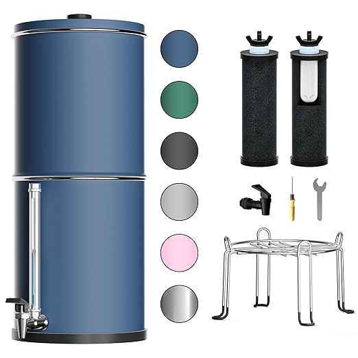 Purewell 3-Stage 0.01μm Ultra-Filtration Gravity Water Filter System, 304 Stainless Steel Countertop System with 2 Filters, Metal Water Level Spigot and Stand, Reduce 99% Chlorine, 2.25G, PW-OB-K