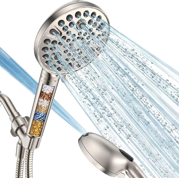Handheld Shower Head with Filter Brushed Nickel - High Pressure 10 Spray Modes Filtered Shower Head with Hose, Bracket and Hard Water Shower Filters to Remove Chlorine and Heavy Metals