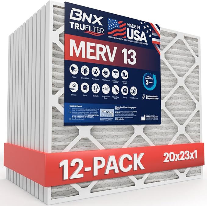 BNX TruFilter 20x23x1 Air Filter MERV 13 (12-Pack) - MADE IN USA - Electrostatic Pleated Air Conditioner HVAC AC Furnace Filters for Allergies, Pollen, Mold, Bacteria, Smoke, Allergen, MPR 1900 FPR 10