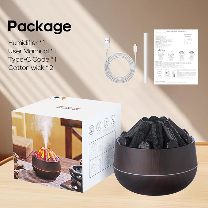 Flame Essential Diffuser Bonfire Humidifier 300ml Ultra-Quiet Auto-Off Aromatherapy Diffuser Campfire Flame Fire Diffuser for Home, Office or Gym- Black