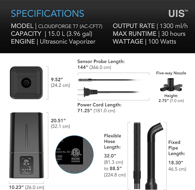 AC Infinity CLOUDFORGE T7, Plant Humidifier 15L with VPD Humidity Controls, 10-Level Precision Vaporizer, Extendable Hose, Targeting Pipe, and No-Leak Seal for Grow Tents