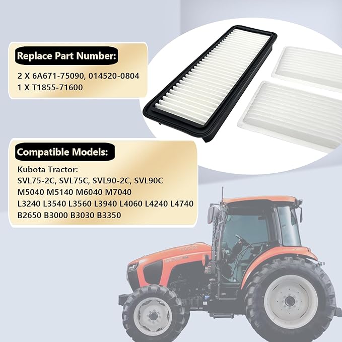 New Cabin Air Filter Kit Replacement for Kubota Tractor M6040 M7040 M7060 M8540 M8560 M9540 M9960 RTV1100 SVL75-2C SVL90-2C SVL95-2SC B2650 B3000 Replaces# 6A671-75090 T1855-71600 014520-0804