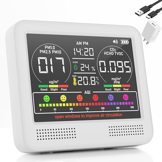 16-in-1 Air Quality Monitor Indoor with 7AQI Beep Alarm, CO2 Monitor, Air Quality Detector with PM1.0 | PM2.5 | PM10 | Temp | HUM | Formaldehyde | VOC Tester for Home Office Plant (White)
