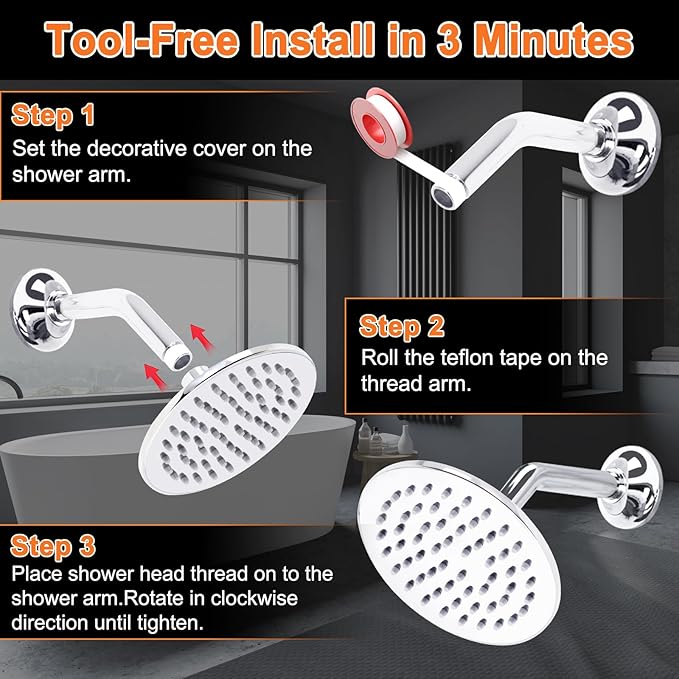 6 Inch Round Rainfall Shower Head with Stainless Steel Arm High Pressure Water Saving Anti-Clog Nozzles Easy Install for Bathroom/Bathtub (Round, Chrome)