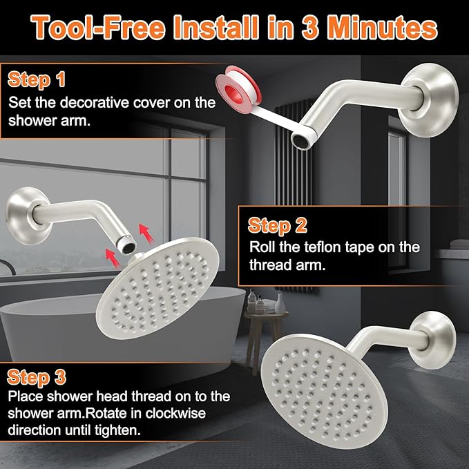 6 Inch Round Rainfall Shower Head with Stainless Steel Arm High Pressure Water Saving Anti-Clog Nozzles Easy Install for Bathroom/Bathtub (Round, Brushed Nickel)