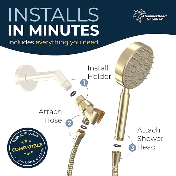 HammerHead Showers® Solid Metal Handheld Shower Head with Hose and Brass Holder - POLISHED BRASS - 2.5 GPM High Pressure Shower Heads with Adjustable Shower Wand Bracket - 6ft Flexible Extension