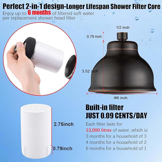 SonTiy Filtered Shower Head, All Metal Shower Filter Head For Hard Water Removes Chlorine, Improve Hair Skin, Adjustable High Pressure Water Softener Showerhead, 6 Inch, Oil Rubbed Bronze