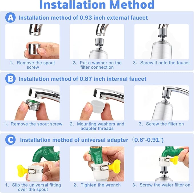 3 Pack Sink Water Filter Faucet, Universal 360 ° Rotating Kitchen Faucet Water Purifier, Bathroom Faucet Filter Removes Chlorine Fluoride Hard Water for Home Kitchen (B-8 Pcs)