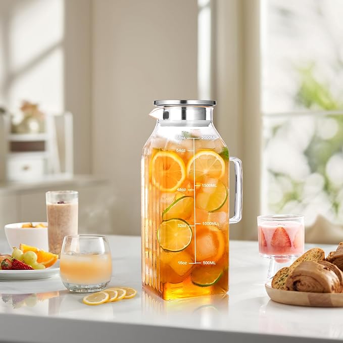 2 Liters/68oz 2 Pack Square Glass Pitcher with Lid and Handle for Bridge Door, Aofmee Borosilicate Glass Heat Resistant Dishwasher Safe Iced Tea Jar, Carafe with Scale Line for Hot/Cold Beverage