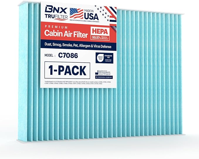 BNX TruFilter C7086 Cabin Air Filter, HEPA 99.97%, MADE IN USA, Compatible With Select Nissan Rogue, Rogue Sport