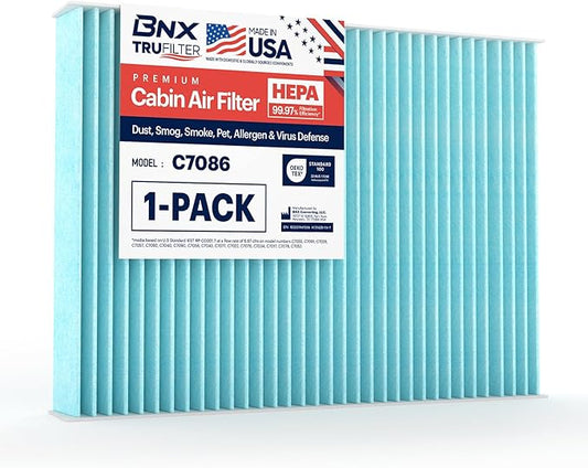 BNX TruFilter C7086 Cabin Air Filter, HEPA 99.97%, MADE IN USA, Compatible With Select Nissan Rogue, Rogue Sport