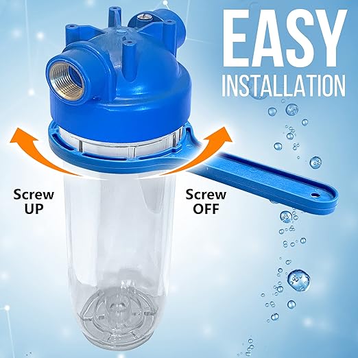 10 Inches European Design Transparent Standard Whole House Water Filter System with Presser Relief Valve, 3/4” Inlet/Outlet Brass Port and Yearly Supply (4) Pleated Sediment Cartridges 5 Micron
