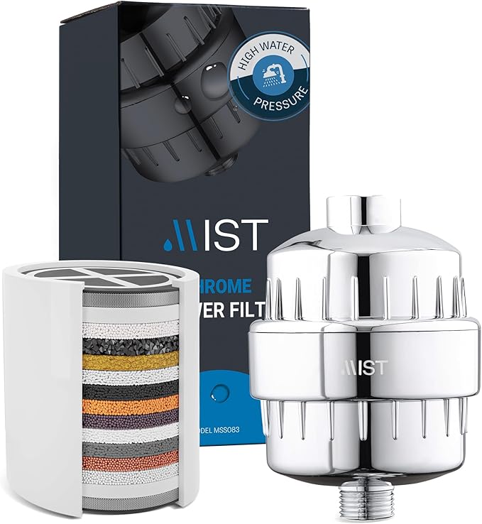 Mist Filtered Shower Head Attachment, High Output, 15 stage Shower Filter for Hard Water, Improves the Condition of Skin & Hair - Water Softener (1 Replacement Filter) Chrome