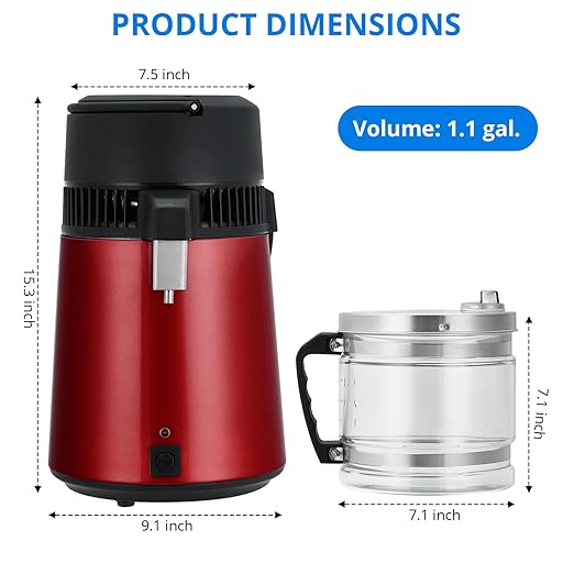 4L Water Distiller,Household Stainless Steel Distilled Water Purifier,Countertop Distilled Water Maker,4 Litre Distilled Water Machine for Home.Red.
