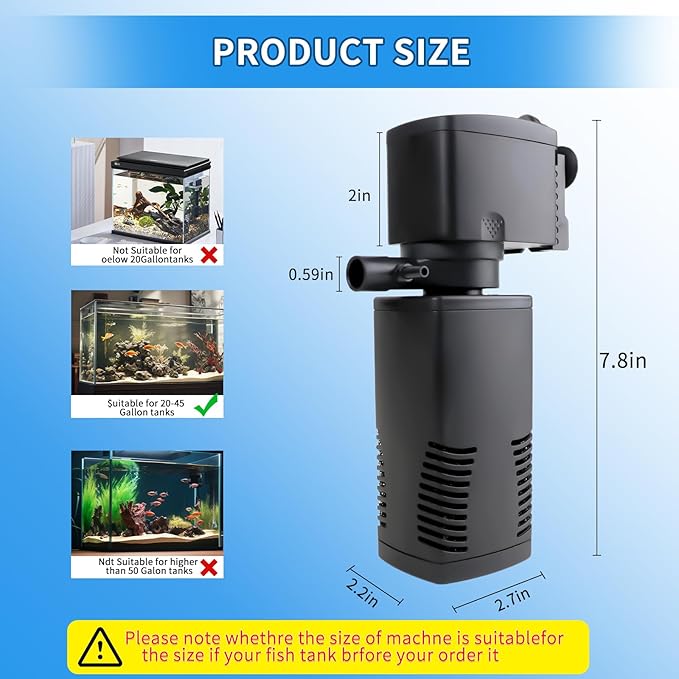 Fish Tank Filter for 15-40 Gallon Tank, 160 GPH Crystal Clear Powerful Internal Aquarium Filters Submersible Pump& Filter System for Fish Tank & Turtle Tank