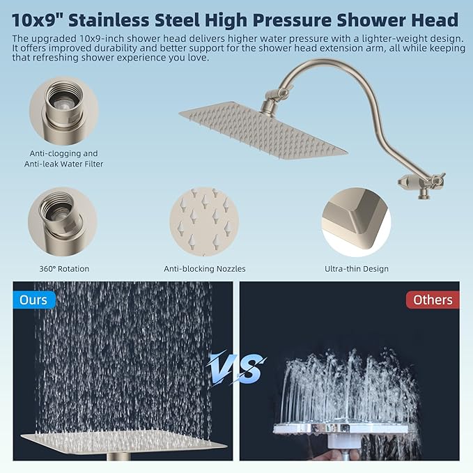 Hibbent All Metal Shower Head, 10'' High Pressure Rainfall Shower Head/Handheld Showerhead Combo/ 12'' Adjustable Curved Shower Extension Arm, 10-Spray, 71'' Hose, Showerhead Holder, Brushed Nickel