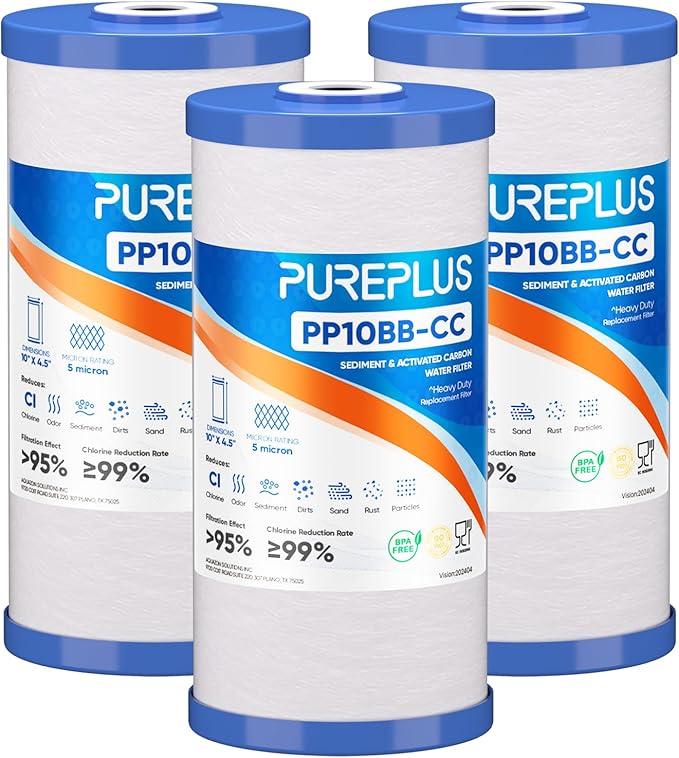 PUREPLUS 5 Micron 10" x 4.5" FXHTC Whole House Sediment and Carbon Water Filter Replacement Cartridge for GE GXWH40L, GXWH35F, GNWH38S, Culligan RFC-BBSA, WRC25HD, RFC-BB, PP10BB-CC, WFHD13001, 3Pack