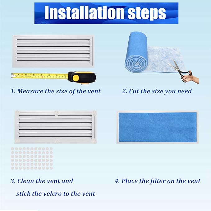 Air Vent Filters Roll, 12" x 90" Cut to Size Air Filters with 66PCS Velcros(35+ Filters), MERV 8 Triple Filtration Vent Filter Material for Home Floor, Ceiling, HVAC, AC, Grilles (12x90 inch)