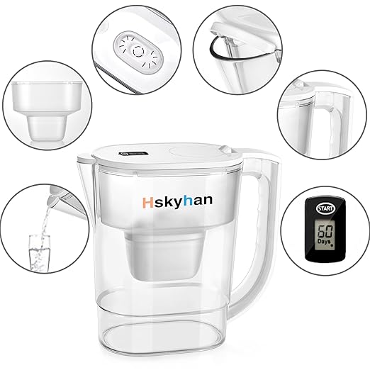 Hskyhan Alkaline Water Filter Pitcher - 3.8 Liters Improve PH, 2 Long Lasting Cartridge Included, BPA Free, 7 Stage Filtration System to Purify, White