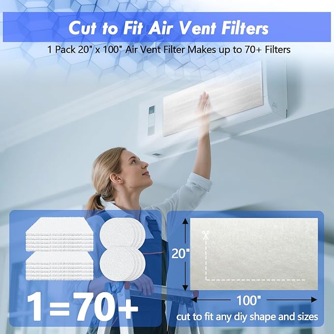 Air Vent Filter Kit - 20" x 100" Cut to Fit Air Filter Materials MERV 8 Electrostatic Media Roll for Home Floor, Ceiling, AC, HVAC, RVC Furnace Vents, With 48PCs Adhesive Hook Tape