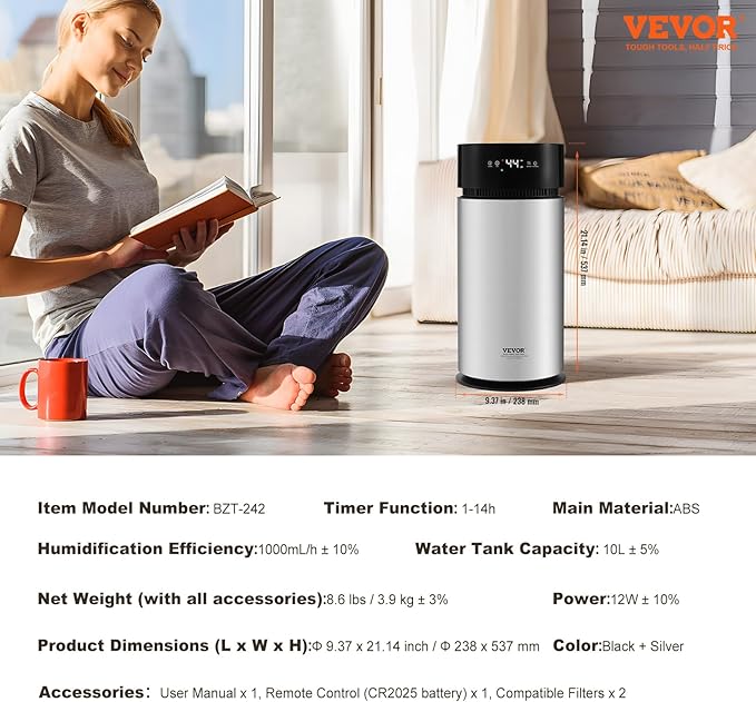 VEVOR Evaporative Humidifier for Whole House up to 1076.4 sqft, 10L(2.64G) Large Smart Cool Moisture Humidifier and Air Purifier,3-Speeds & 1-14h Timer,Premium Filter Quiet Sleep Mode for Bedroom