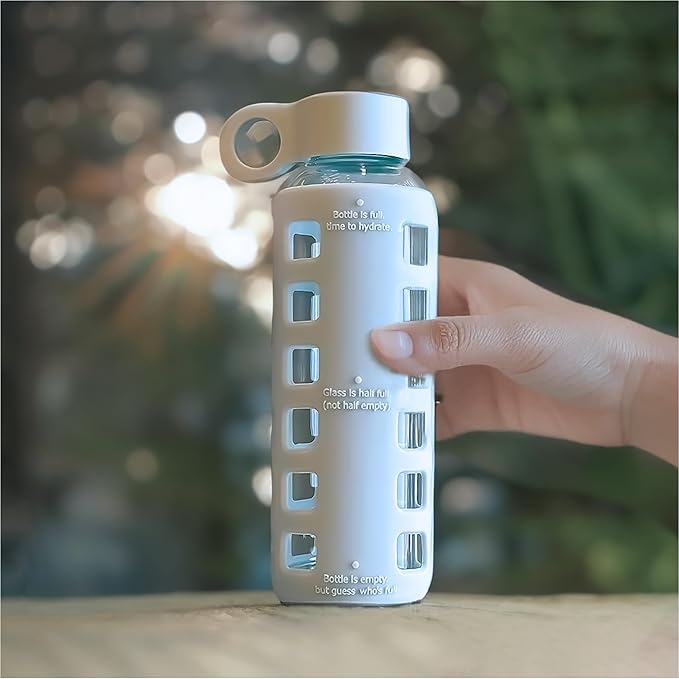 purifyou 40oz / 32oz / 22oz / 12oz Borosilicate Glass Water Bottle with Time & Volume Markers, Silicone Sleeve, Stainless Steel Lid | Reusable Glass Bottle for Water & Juice (12oz Ice Blue)