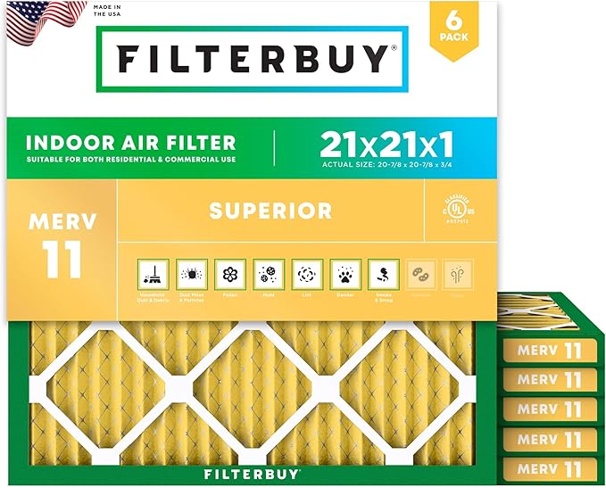 Filterbuy 21x21x1 Air Filter MERV 11 (MPR 1200) Allergen Defense Replacement (6-Pack), Electrostatic Pleated HVAC AC Furnace Filters, Made in USA (Actual Size: 20.88 x 20.88 x 0.75)