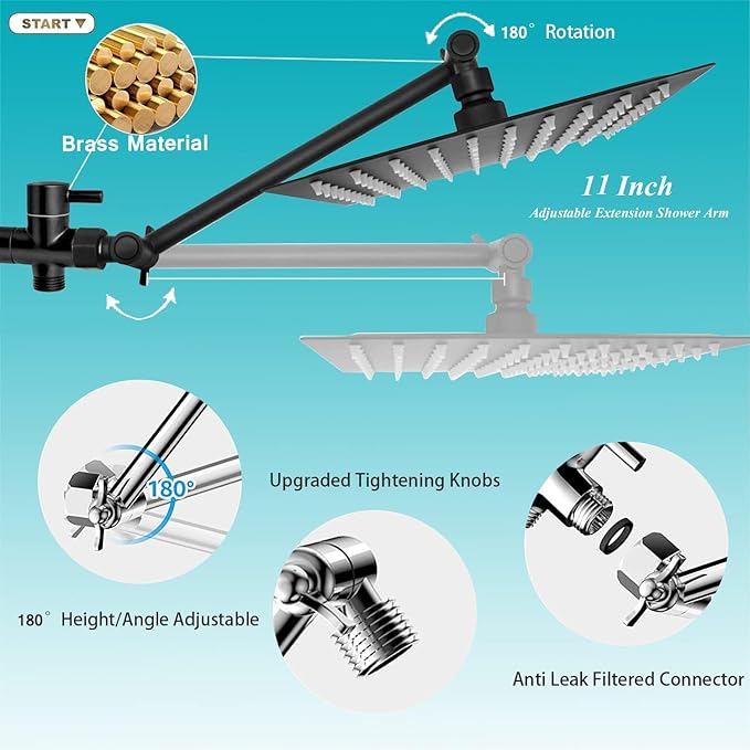 Shower Head, 10" High Pressure Black Rainfall Shower Head with Handheld Spray Combo, 6 Settings Handheld with 78" Anti-leak Hose, 11" Adjustable Extension Arm, Ultra Thin Water Saving, AWAXFOLO