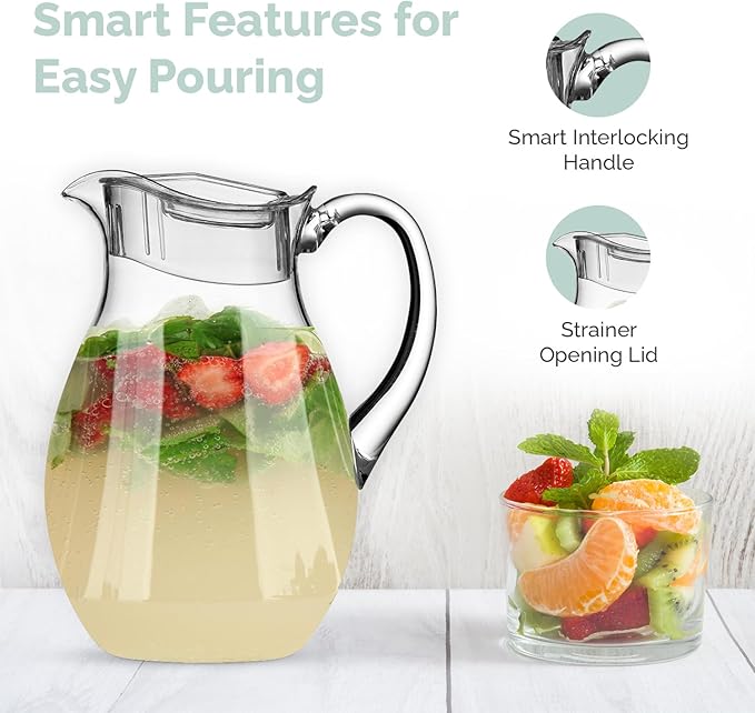 2-Pack Plastic Pitcher (72 oz), Clear Acrylic Water Pitcher with Lid, Fridge Jug, BPA-Free, Shatter-Proof, Great for Iced Tea, Sangria, Lemonade, Juice, Milk, and More