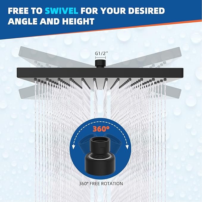 Hibbent Thickness Metal Rain Shower Head, 10 Inch High Pressure Rainfall Shower Head, Square Bathroom Waterfall Shower Heads, High Flow Fixed Showerheads with Adjustable Brass Ball Joint, Matte Black