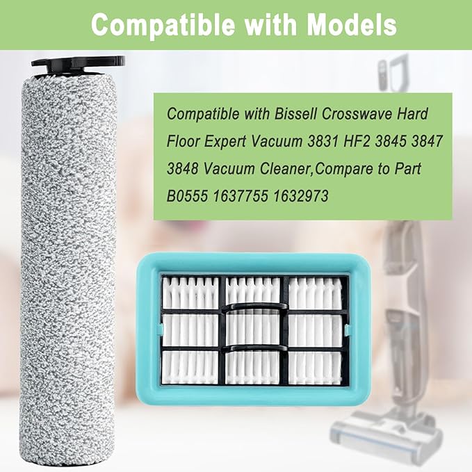 Crosswave Replacement Parts for Bissell Crosswave Hard Floor Expert Vacuum 3831 HF2 3845 3847 3848 Vacuum Cleaner, 2 Brush Rolls,4 Filters,Compare to Part B0555 1637755 1632973