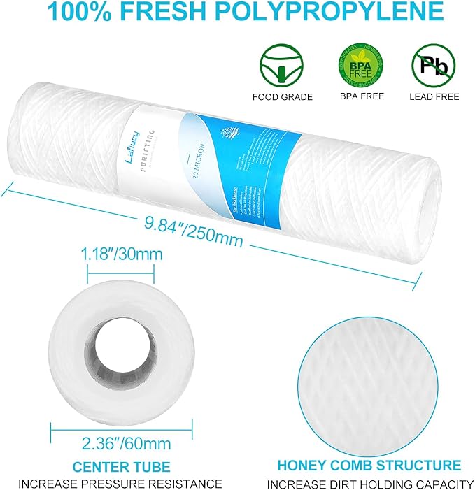 20 Micron 10" x 2.5" String Wound Sediment Water Filter Cartridge,5 Pack,Whole House Sediment Filtration, Universal Replacement for Most 10 inch RO Unit