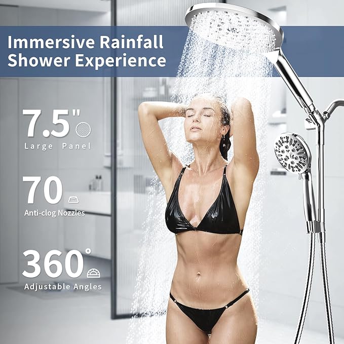 KAIYING Dual Shower Heads with Handheld Spray Combo, High Pressure Modern Rain Shower Head with 9-Mode Handheld Showerhead, Double Rainfall Shower Head with 79-Inch Stainless Steel Hose (Chrome)