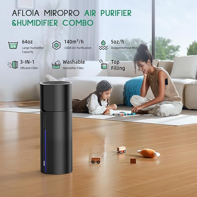Afloia 2-in-1 Air Purifier and Humidifier Combo, Quiet 3-Stage Filtration for Pet Allergies & Smoke, Auto Shut-Off, 7-Color LED Light, Black