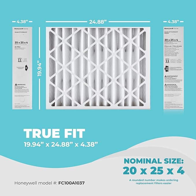 Honeywell 20x25x4 Air Filter Replacement MERV 11, FC100A1037 Pleated HVAC AC Furnace Filters with Wholesalehome Cleaning Cloth, 2-Pack (Actual Size: 19.94 x 24.88 x 4.38 Inches)
