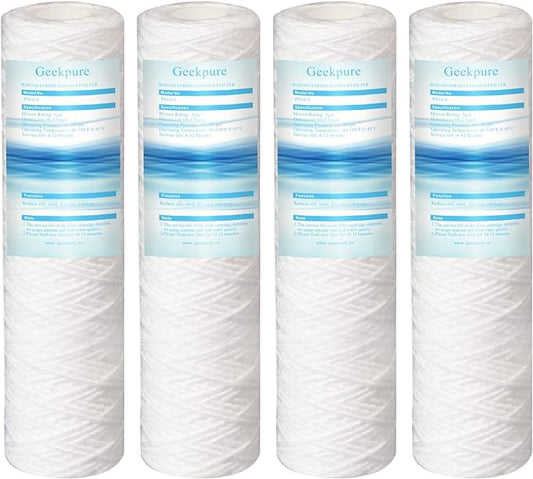 Geekpure 10 Inch PP Wound String Spun Sediment Replacement Filter for Reverse Osmosis System- 2.5" x 10"-5 Micron-4 Pack