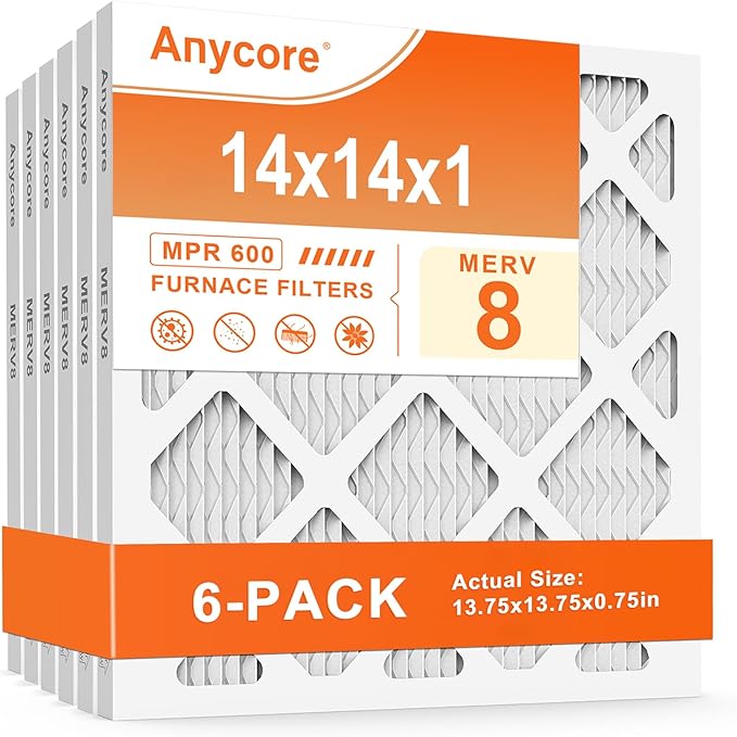 14x14x1 Air Filter 6Pack MERV 8 MPR 600 FPR 5 HVAC AC Pleated Furnace Filters for Home Office (Actual Size: 13.75x13.75x0.75 inch)