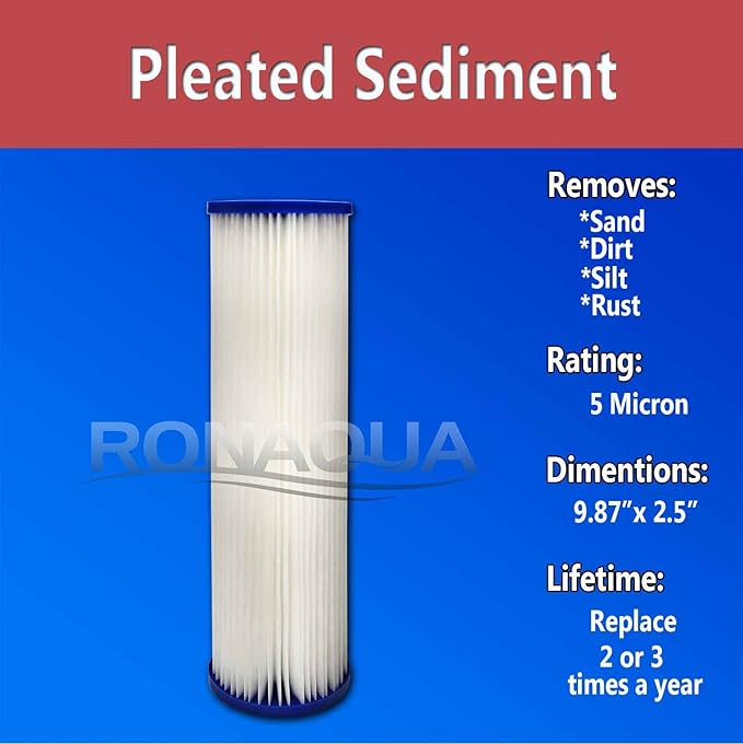 Pleated Sediment Water Filter Cartridge 9.87”x 2.5” Amplified Surface Area, Removes Sand, Dirt, Rust, Extended Filter Life WELL-MATCHED with WHKF-WHPL, 801-50, WB-50W, WFPFC3002, SPC-25-1050 (4 Pack)