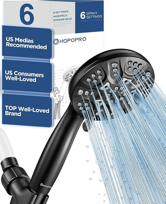 6-Mode High Pressure Handheld Shower Head Set, Consumer Reports Recommended HOPOPRO High Flow Hand Held Showerhead with 59 Inch Hose Bracket Teflon Tape Rubber Washers