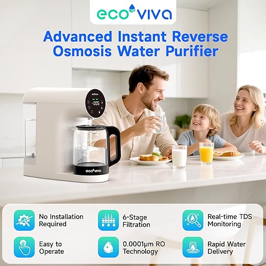 Ecoviva Countertop Reverse Osmosis Water Filter, 6 Stage RO Water Filtration System with Glass Carafe, TDS Displayr, 3:1 Pure to Drain, Portable No Installation Water Purifier White
