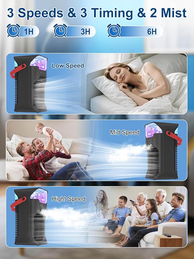 Portable Air Conditioner, 1500ML, Removable & Washable Fan Blades, Timer Function, 4 Speeds, 2 Cool Mists, 7-Color Light, Personal Evaporative Air Cooler for Home, Office, Bedroom, and Camping-Black