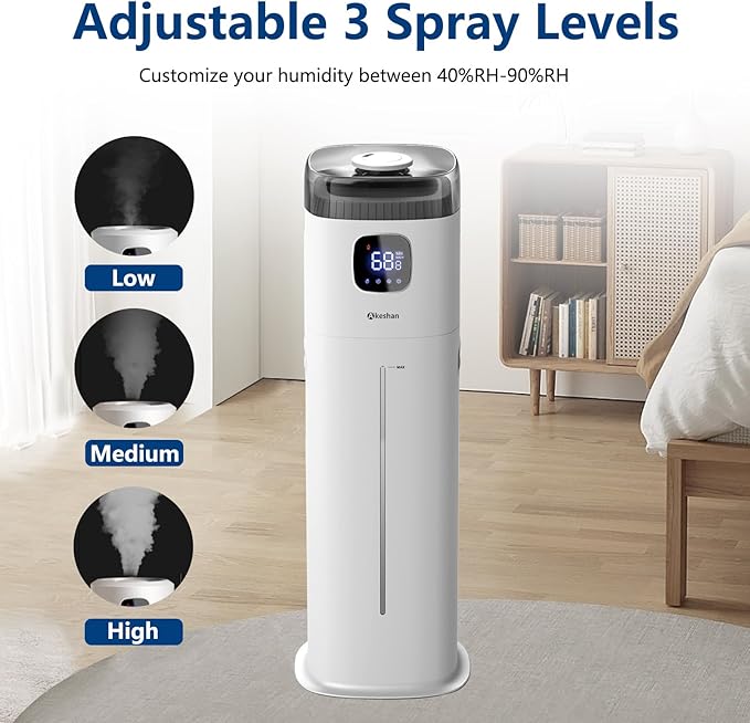 Large Humidifier for Bedroom, 9L/2.5Gal Ultrasonic Cool Mist, Easy Clean with 350ML/H Large Mist Speed, Remote control, Quiet Tower, Suitable for Kids Room Plant Yoga Study Room Office (White)