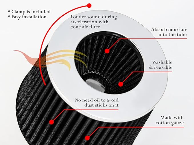 BLACK 2.5" 63.5 mm Inlet Cold Air Cone Replacement Performance Washable Clamp-On Dry Air Filter