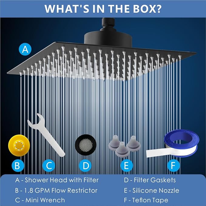 Voolan Rain Shower Head with Filtered - High Flow Large Rainfall Shower Heads Made of Stainless Steel - Waterfall Showerhead Filter For Hard Water(8" Matte Black)