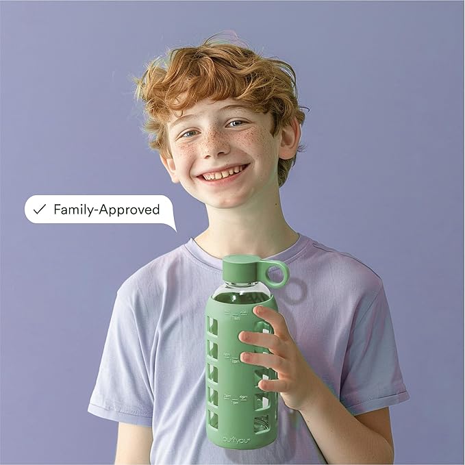 purifyou 40oz / 32oz / 22oz / 12oz Borosilicate Glass Water Bottle with Time & Volume Markers, Silicone Sleeve, Stainless Steel Lid | Reusable Glass Bottle for Water & Juice (22oz Shale Green)