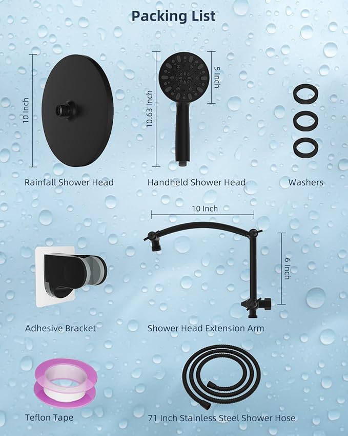 Hibbent Self-cleaning Shower Head, 10'' High Pressure Rainfall Showerhead with Handheld, 16'' Adjustable Arc-shape Extension Arm, 71'' Hose, Showerhead Holder, Matte Black