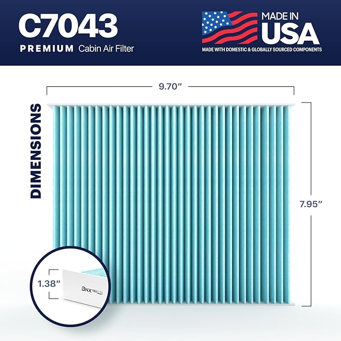 BNX TruFilter C7043 Cabin Air Filter, HEPA 99.97%, MADE IN USA, Compatible With Ford C-Max, Escape, Focus, GT, Transit Connect, Lincoln MKC