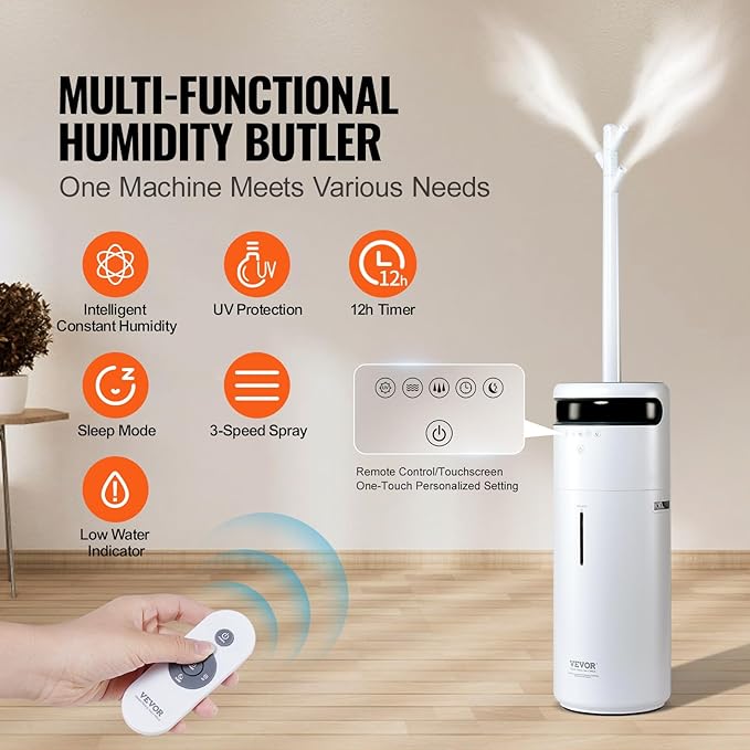VEVOR Humidifier for Home Large Room, Commercial Humidifier for Whole House 1291.7 sq ft, 16L Water Tank & Night Light & 12h Timer & Auto Shut-Off, Greenhouse, Commercial Branch Tube w/ 360° Nozzle
