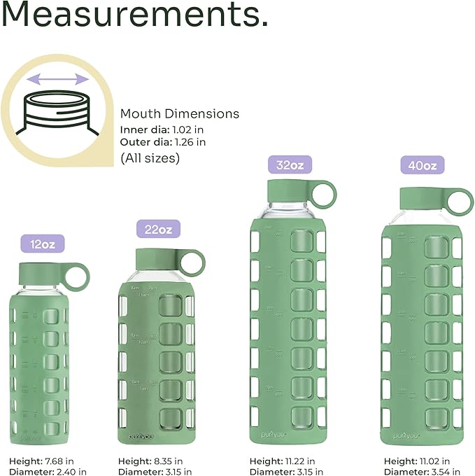 purifyou 40oz / 32oz / 22oz / 12oz Borosilicate Glass Water Bottle with Time & Volume Markers, Silicone Sleeve, Stainless Steel Lid | Reusable Glass Bottle for Water & Juice (22oz Shale Green)